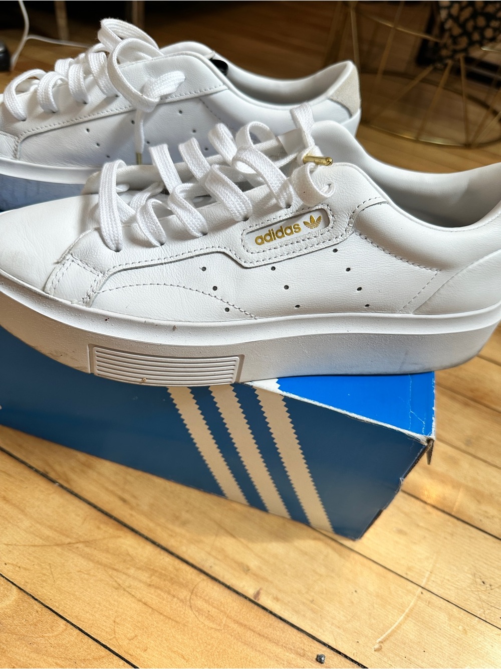 adidas White Leather Platform Sneakers with Gold Logo